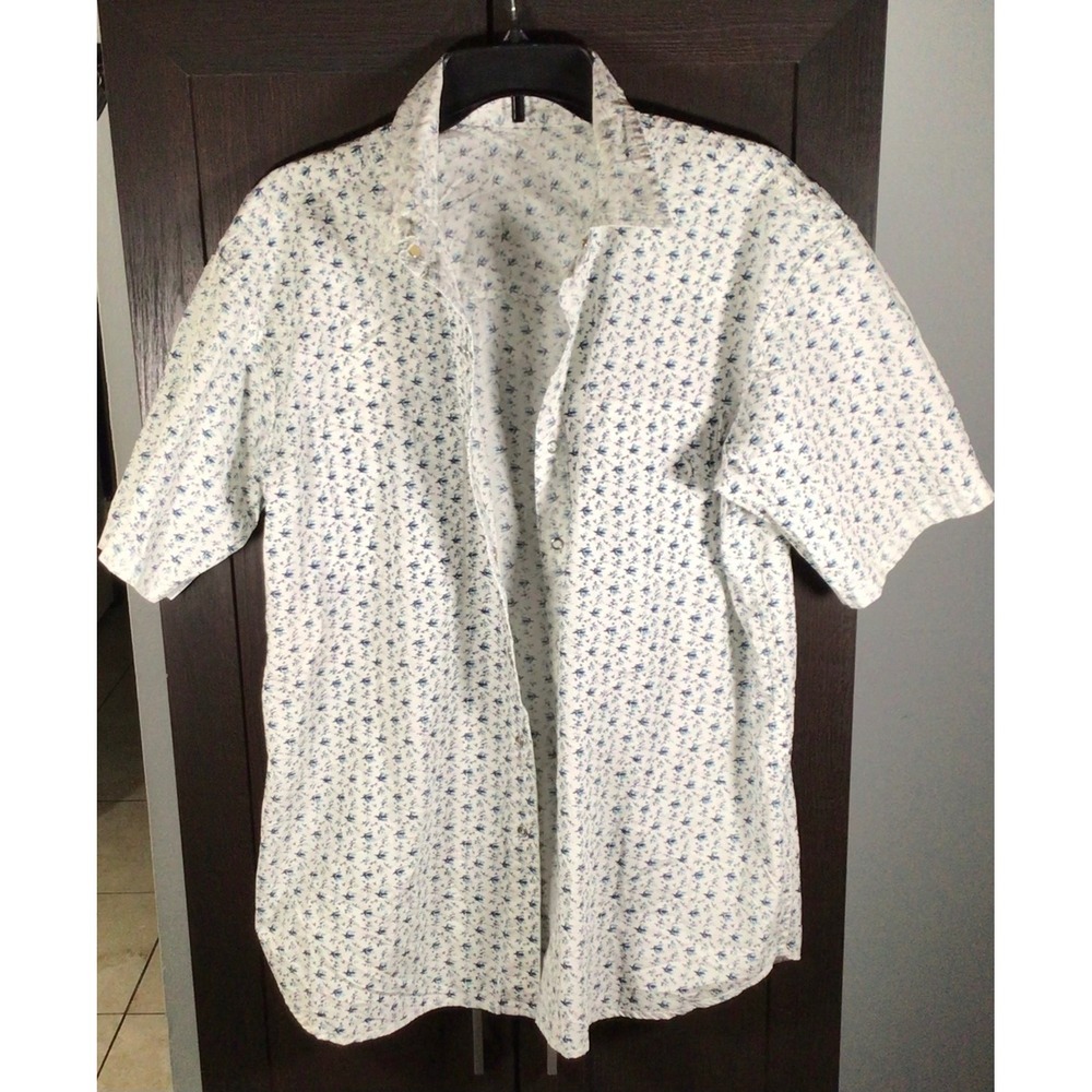 US Expedition Mens Western Shirt Large White Blue Floral Snap Short Sleeve